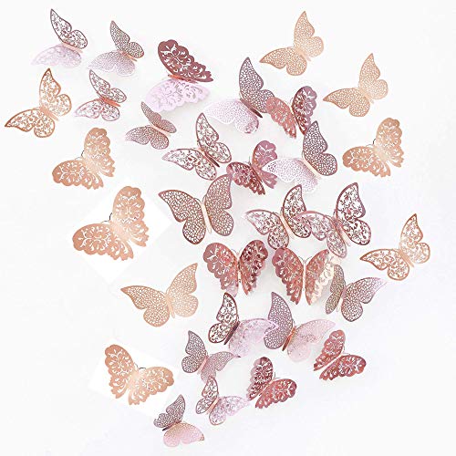 JUN-H 36 Stücke 3D Schmetterling Dekorationen Schmetterling Aufkleber DIY Wandkunst Aufkleber Schlafzimmer Baby Dekor Abziehbilder Abnehmbare Dekorative Papier Wandbilder (Rose Rot) von posionks