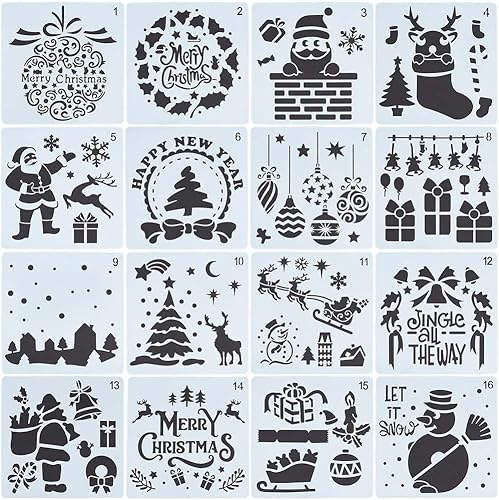 16 Stück Schablone Weihnachten Set, Wiederverwendbar Kunststoff Schablonen Kinder Malschablonen Waschbar, für Fenster Scrapbooking Kinder DIY Geschenkkarten von JUNBAOYYDS