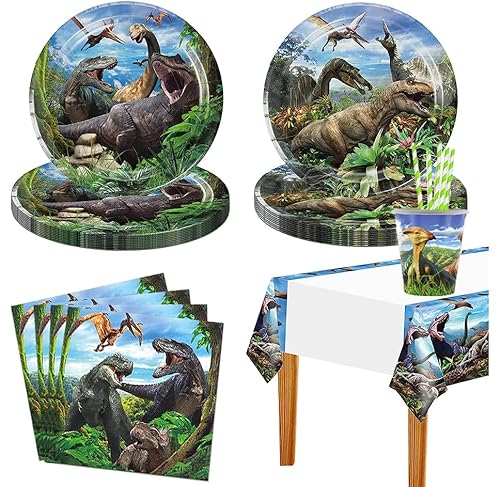 Dinosaurier Partygeschirr, 61Pcs Pappteller Kindergeburtstag Party Set, Jurassic world Party Supplies, Dino Kindergeburtstag Pappteller Tiere Dschungel für Junge Motto Party (blau) von JUNBAOYYDS