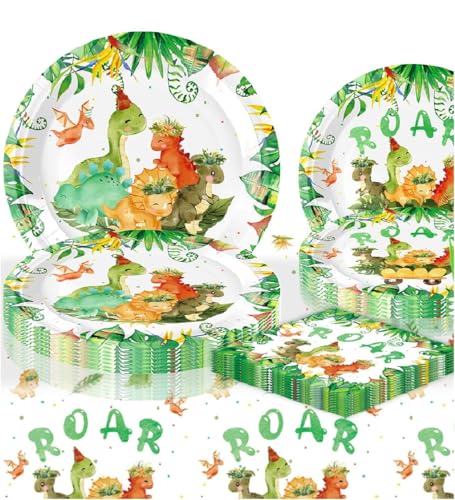 Dinosaurier Partygeschirr, Pappteller Kindergeburtstag Party Set, Party Supplies, Dino Kindergeburtstag Pappteller Tiere Dschungel für Junge Motto Party (weiß grün) von JUNBAOYYDS