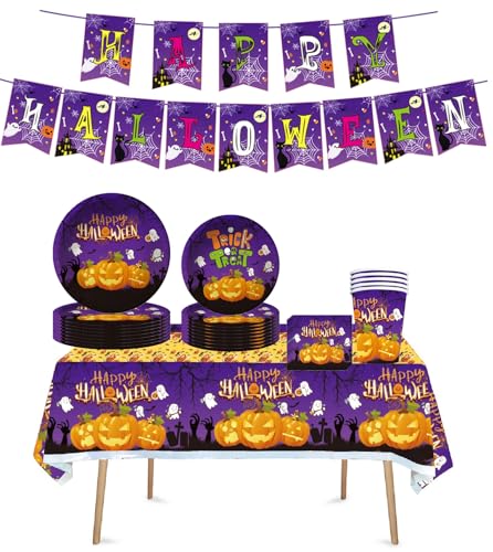 Halloween Pappteller Geburtstag Partygeschirr, Geburtstag Party Supplies, Partygeschirr Set, für Kinder Geburtstag Party Supplies (Lila) von JUNBAOYYDS