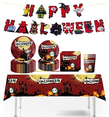 Halloween Pappteller Geburtstag Partygeschirr, Geburtstag Party Supplies, Partygeschirr Set, für Kinder Geburtstag Party Supplies (rot) von JUNBAOYYDS