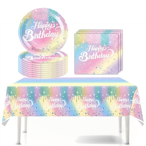 Makrone Diamant Partygeschirr,Diamant Regenbogen Themenparty Geschirr Regenbogen Pappteller Set, für Kinder Geburtstagsfeier Deko Tisch Geburtstag Set für Kinder Mädchen Jungen von JUNBAOYYDS