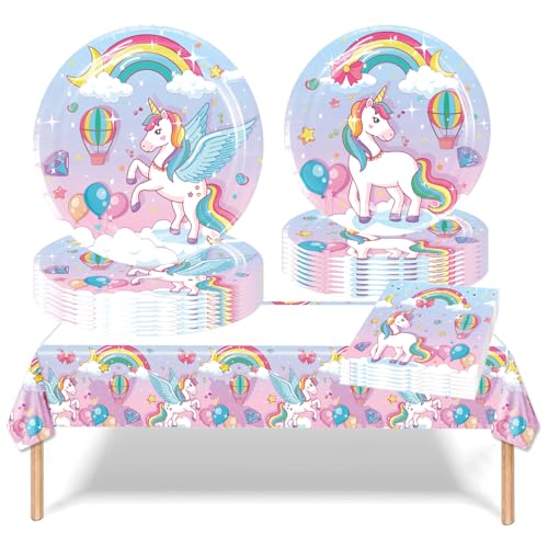 Partygeschirr Set, Partygeschirr, Party Zubehör Party Dekoration Kindergeburtstag Deko, für Kinder Geburtstagsfeier Deko Tisch Geburtstag Set für Kinder Mädchen Jungen (rosa Einhorn) von JUNBAOYYDS