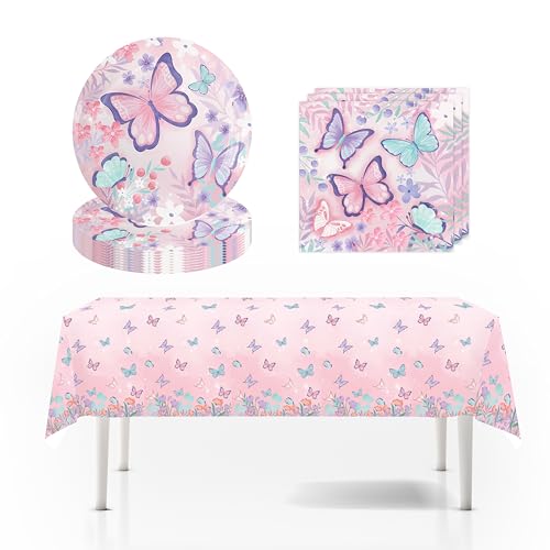 Partygeschirr Set, Partygeschirr, Party Zubehör Party Dekoration Kindergeburtstag Deko, für Kinder Geburtstagsfeier Deko Tisch Geburtstag Set für Kinder Mädchen Jungen (rosa Schmetterling) von JUNBAOYYDS