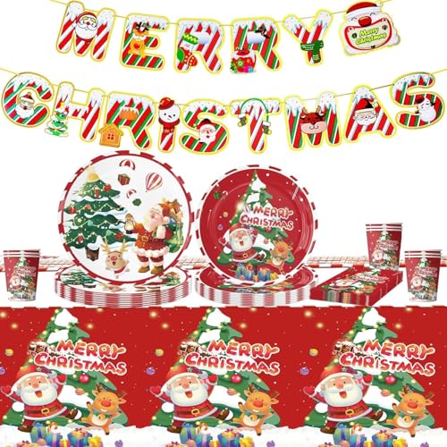 Weihnachten Partygeschirr,Partyzubehör Pappteller Set, Weihnachts Pappteller, Wiederverwendbar ​Papier Geschirr Set einschließlich Tischdecke Teller Becher Servietten zum Geburtstag (B) von JUNBAOYYDS