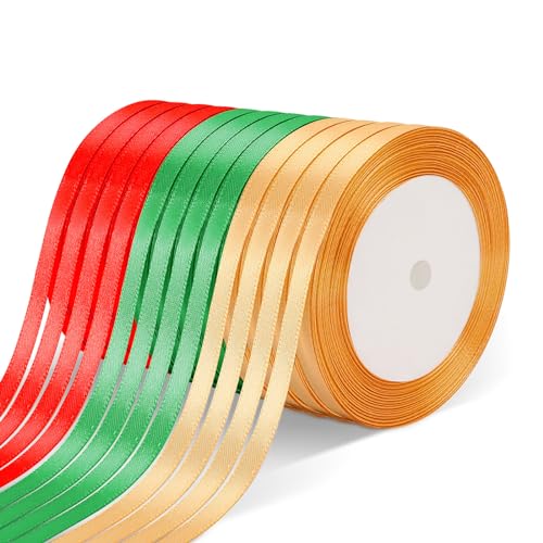 JUNEBRUSHS Weihnachten Geschenkband, 12 Rollen 22.8m x 6mm Weihnachtsband 3 Farbe Weihnachten Dekoband Weihnachten Satinband für Party Geschenkverpackung Bastelarbeiten Weihnachtsbaum Dekoration von JUNEBRUSHS