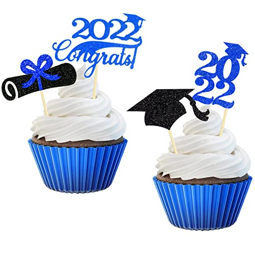 36 Stück 2022 Graduation Cupcake Topper, Glitzer-Mini-Kuchenstecker für Abschlussdekorationen, Congrats Grade Party Supplies (blau) von JUNEBRUSHS