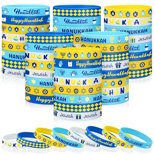 JUNEBRUSHS 64 Stück Chanukkah-Partygeschenke, Silikon-Armbänder, Gummi, Canukkah, Gummi-Armbänder für Chanukka, Party, Geschenkfüller, Dekorationen, Zubehör (8 Designs) von JUNEBRUSHS