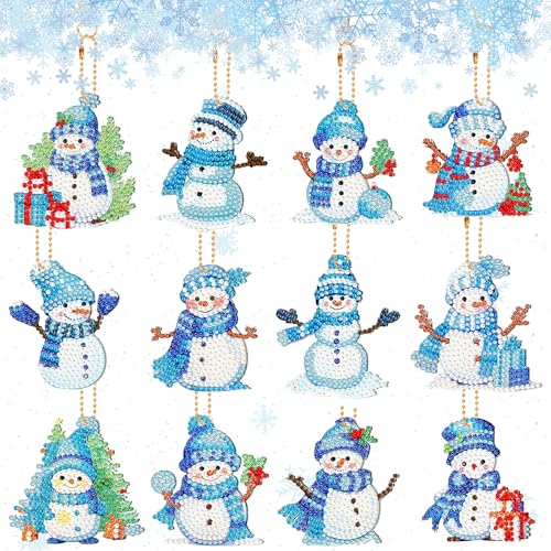 JUNEBRUSHS Schneemann Diamant Art Painting Weihnachten, 12 Stück Double-Sided Diamond Art Painting Anhänger, DIY Diamond Art Painting Schlüsselanhänger Set für Weihnachtsbaum Winter von JUNEBRUSHS