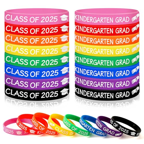 JUNEBRUSHS Silikon-Gummi-Armbänder für Kindergarten, Vorschule, für Klasse 2025, Schulabschluss, Kindergarten, Vorschule, Partyzubehör, 24 Stück (8 Designs) von JUNEBRUSHS