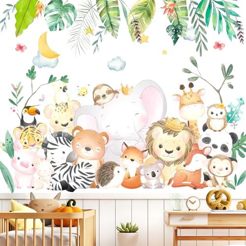 JUNEBRUSHS Wandtattoo Dschungel Tiere, Wandsticker Kinderzimmer Tierbaum Wandaufkleber Tierparty Elefant Giraffe Wandtattoo Kinderzimmer Junge Babyzimmer Schlafzimmer Wanddeko von JUNEBRUSHS