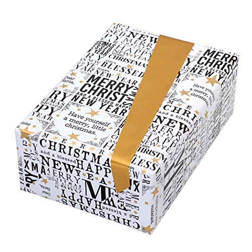 JUNG SCHÖNER VERPACKEN Geschenkpapier Rolle 50 cm x 50 m, Motiv Wishes, Schrift mit goldenen Elementen und goldener Rückseite. Für Weihnachten, Weihnachtsgeschenkpapier. von JUNG SCHÖNER VERPACKEN