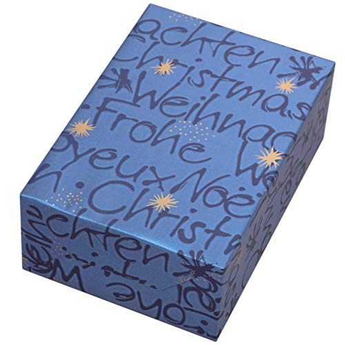 Geschenkpapier Rolle 50 cm x 50 m, Motiv Wünsche blau, Schrift auf Perlglanzfond mit goldenen Sternen. Für Weihnachten, Weihnachtsgeschenkpapier. von JUNG SCHÖNER VERPACKEN