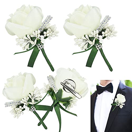 JUNMEIDO 4 Stück Boutonniere Rose Weiß Hochzeit Boutonniere Handarbeit Corsage Knopfloch Blumen Künstliche Hochzeit Prom Bankett Blumen Dekor mit Schleife & Clip für Bräutigam Herren Braut Frauen von JUNMEIDO