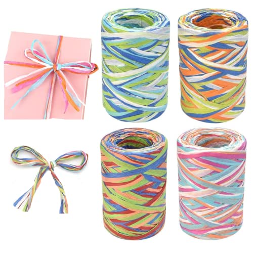 JUNMEIDO Papierband Raffia 4 Rollen Bast Raffia Häkeln Bast Band Bunt Bastbänder Bunt Papierband Basteln Geschenkband Raffia Paper Ribbon Weihnachter für Geschenkverpackung, Deko 4-Farbe n Mischen von JUNMEIDO