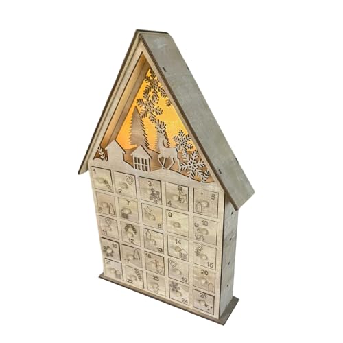 JUNNASALIKER Holz Adventskalender Mit LED Licht LED Beleuchteter Holz Adventskalender Mit 24 Schubladen Für Weihnachts Countdowns von JUNNASALIKER