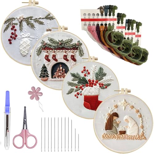 JUNNASALIKER Weihnachts Sticksets Stickrahmen Sets Handgefertigte Kreuzstich Sets Stickerei Starter Sets Für Die Bastelherstellung von JUNNASALIKER