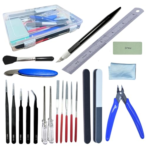 JUNYAOHSU Gundam Modell Tools Kit, 34pcs Hobby Tool Set, Zange, Trenner, Feilen, Schraubendreher, Pinzette, Polierstreifen, Graver, Klingen für Gebäude, Gundam, Roboter Modelle Minature von JUNYAOHSU