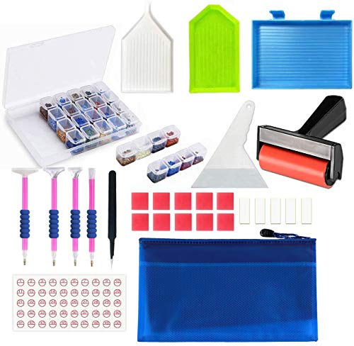 JUSONEY Diamond Painting Zubehör - 33 Stück DIY Diamond Painting Werkzeug Set mit 28 Slots Diamant Malerei Stickerei Box,Keramik Pinzette,Stift,Taschen,Klebeton,Kunststoffschale (with Roller) von JUSONEY