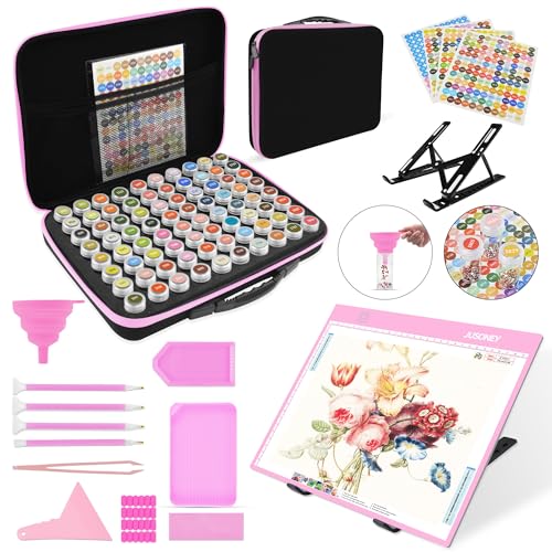 JUSONEY Diamond Painting Zubehör Boxen, 80 Stück Diamond Painting Aufbewahrungsbox mit 3 Helligkeit Leuchttisch A4 Werkzeug Set mit Diamond Painting Stift DIY Handwerk Als Geschenk, Rosa von JUSONEY