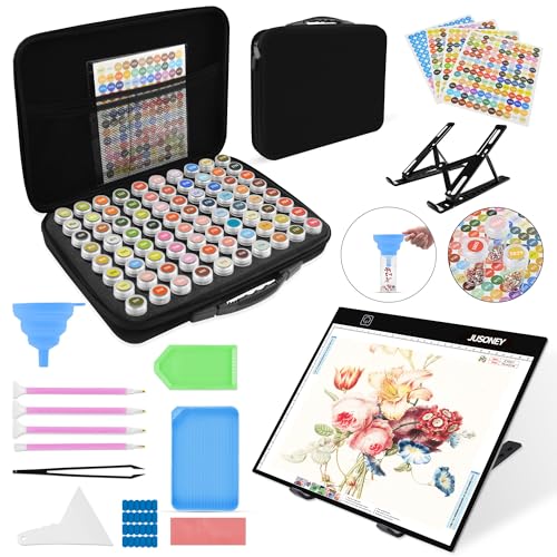 JUSONEY Diamond Painting Zubehör Boxen, 80 Stück Diamond Painting Aufbewahrungsbox mit 3 Helligkeit Leuchttisch A4 Werkzeug Set mit Diamond Painting Stift DIY Handwerk Als Geschenk, Schwarz von JUSONEY