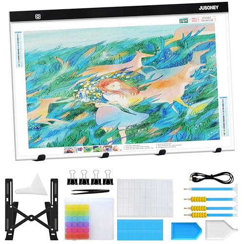 JUSONEY Leuchttisch A2 für diamond painting, Diamond Painting Zubehör Dimmbare Light Pad für Zeichnen Skizzieren Animation Leuchttisch Kinder Erwachsene Diamond Painting Set mit Stift Boxen Ständer von JUSONEY