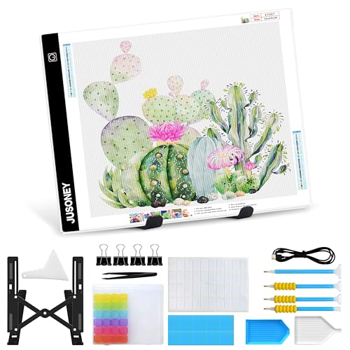 JUSONEY Leuchttisch A4 für diamond painting, Diamond Painting Zubehör Dimmbare Light Pad für Zeichnen Skizzieren Animation Leuchttisch Kinder Erwachsene Diamond Painting Set mit Stift Boxen Ständer von JUSONEY