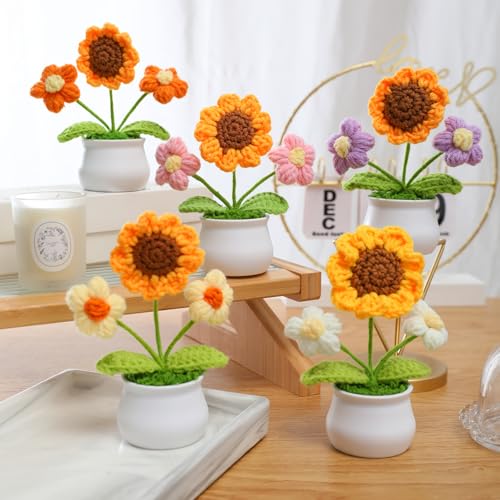 JUSTOYOU 5pcs künstliche Blume Sonnenblume Häkelblume Blumen Topfpflanze, Mini gestrickter Blumentopf, kleine handgefertigte Häkelblume für Home Office Dekor, Geschenk für ihren Valentinstag (5) von JUSTOYOU