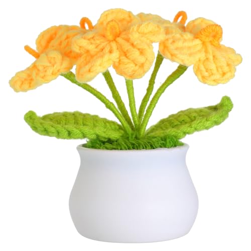 JUSTOYOU künstliche Blume Häkelblumen Topfpflanze, Mini gestrickter Blumentopf, kleine handgefertigte Häkelblume für Home Office Tischdekoration, Geschenk für ihren Valentinstag (1, gelbe Blume) von JUSTOYOU