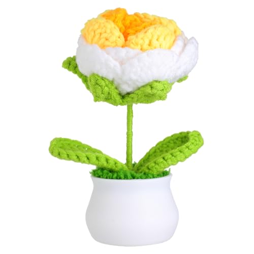 JUSTOYOU künstliche Blume Rose Häkelblumen Topfpflanze, Mini gestrickter Blumentopf, kleine handgefertigte Häkelblume für Home Office Tischdekoration, Geschenk für ihren Valentinstag (1, gelb weiß) von JUSTOYOU