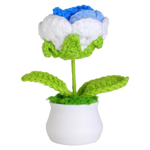 JUSTOYOU künstliche Blume Rose Häkelblumen Topfpflanze, Mini gestrickter Blumentopf, kleine handgefertigte Häkelblume für Home Office Tischdekoration, Geschenk für ihren Valentinstag (1, weiß blau) von JUSTOYOU