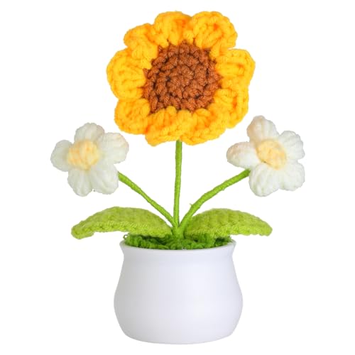 JUSTOYOU künstliche Blume Sonnenblume Häkelblume Blumen Topf, Mini gestrickte Blumentopf, kleine handgefertigte Häkelblume für Home Office Dekor, Geschenk für ihren Valentinstag (1, weiß) von JUSTOYOU