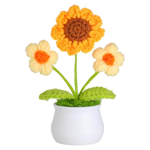 JUSTOYOU künstliche Blume Sonnenblume Häkelblume Blumen Topfpflanze, Mini gestrickter Blumentopf, kleine handgefertigte Häkelblume für Home Office Dekor, Geschenk für ihren Valentinstag (1, gelb) von JUSTOYOU