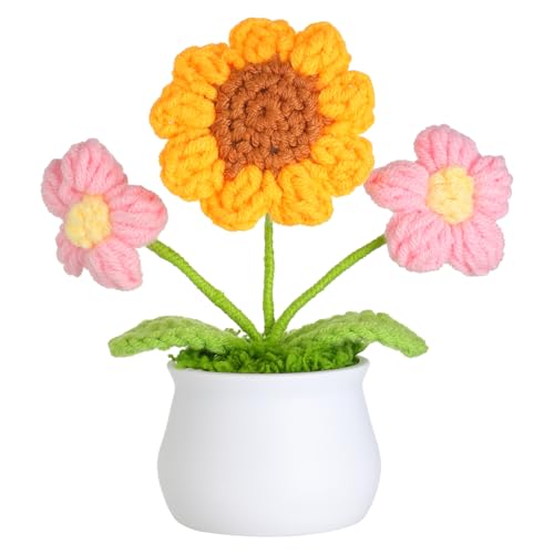 JUSTOYOU künstliche Blume Sonnenblume Häkelblume Blumen Topfpflanze, Mini gestrickter Blumentopf, kleine handgefertigte Häkelblume für Home Office Dekor, Geschenk für ihren Valentinstag (1, rosa) von JUSTOYOU