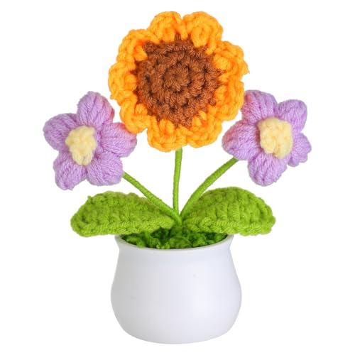 JUSTOYOU künstliche Blume Sonnenblume Häkelblume Blumen Topfpflanze, Mini gestrickter Blumentopf, kleine handgefertigte Häkelblume für Home Office Dekor, Geschenk für ihren Valentinstag (1, lila) von JUSTOYOU