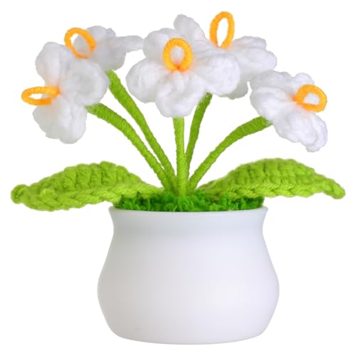 JUSTOYOU künstliche Blume häkeln Blumen Topf Pflanze, Mini gestrickte Blumentopf, kleine handgefertigte Häkelblume für Home Office Tischdekoration, Geschenk für ihre Valentinstag (1, weiße Blume) von JUSTOYOU