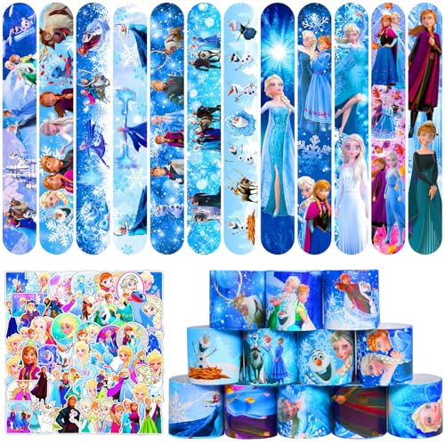 86-teiliges Partygeschenk-Set für Kinder, inklusive 36 Stück Frozen Slap Band-Armbänder, 50 Aufkleber, Frozen Geburtstagsparty-Zubehör, Party-Dekorationen, Süßigkeiten-Tütenfüller, Schulbelohnungen von JUUFLA