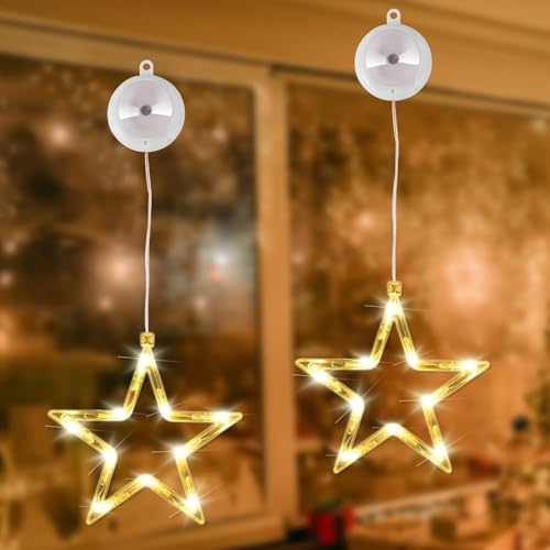 JUXINE 2 Stück LED Sterne Weihnachtsbeleuchtung Weihnachten Led Stern 10 LED Lichtervorhang Warmweiß Batteriebetriebene mit Saugnäpfe für Weihnachten Party Balkon Deko von JUXINE