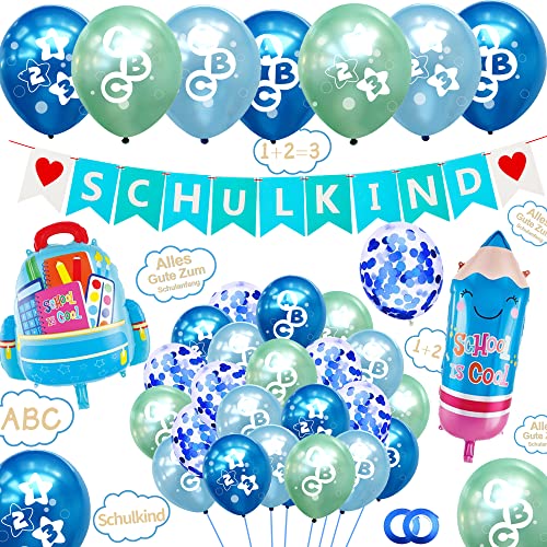 Einschulung Deko Jungen, Schuleinführung Schulanfang Deko Set, Blau Grün Schulkind Wimpel Girlande, Schuleinführung Luftballon mit ABC 123 motiv, Pencil Schultüte Folienballons von JUZNOY