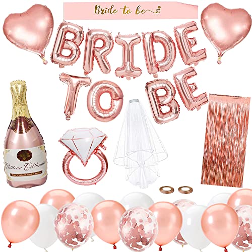 JGA Deko Luftballons Rosegold Weiß Set, Braut to Be Deko, Junggesellenabschied Deko mit Banner Herz Bier Folienballons Rosegold, Schärpe, Fransenvorhang und Brautschleier von JUZNOY