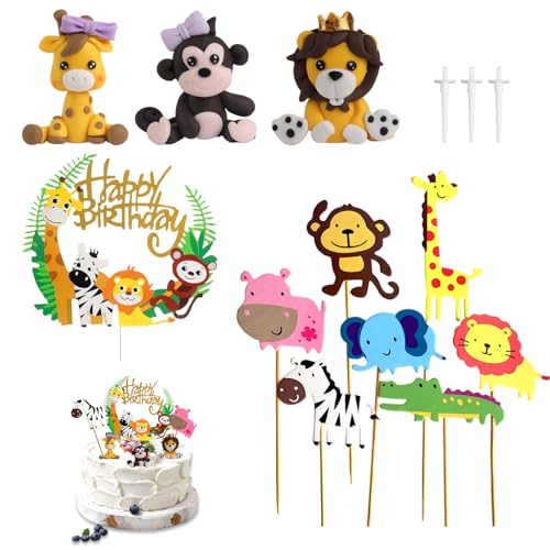 JVBAJV 10 Stück Cupcake Topper Safari Dschungel, Kuchen Deko Kindergeburtstag Tiere, Happy Birthday Kuchendeko Tiere, Waldtiere Tortendeko für Kinder Mädchen Junge von JVBAJV