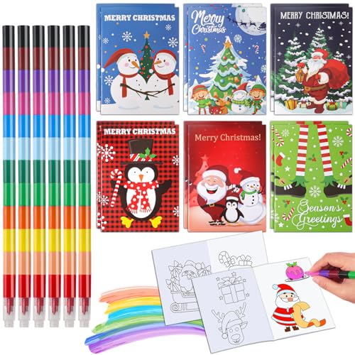 JVBAJV 18 Stück Stapelbare Wachsmalstifte Set, 6pcs Baustein Buntstifte+12pcs Mini Malbuch Weihnachten, 12 Farben Stapelbare Buntstifte Kinder, Gastgeschenke Kinder Malbuch für Junge & Mädchen von JVBAJV