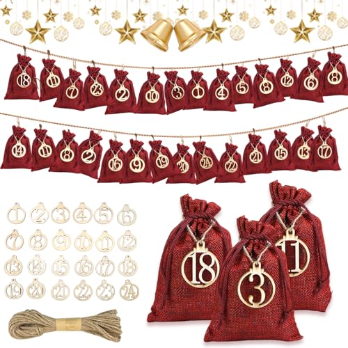 JVBAJV 24 Stück Adventskalender zum Befüllen Stof,Jutesäckchen Rot DIY Weihnachten Geschenksäckchen,Adventskalender Säckchen Selber Befüllen mit 24 Zahlen Holz Deko,Hanfseil und Holzklammern von JVBAJV