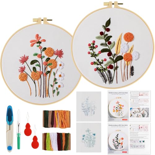 JVBAJV 2er-Set Stickset für Anfänger, Stickerei Set Blumen, Sticken Set Erwachsene, Blumenmuster Pflanzen Kreuzstich-Kit, Embroidery Kit für Kinder Erwachsene Anfänger von JVBAJV