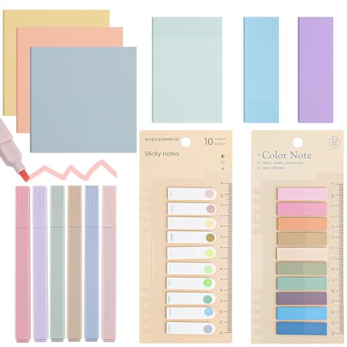 JVBAJV 706 Stück Transparente Haftnotizen Sticky Notes Set, Selbstklebende Haftnotizzettel Verschiedene Größen mit 6pcs Textmarker Pastell Aesthetic für Büro Zuhause Schule Sitzung von JVBAJV