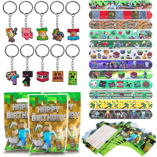 JVBAJV Videospiel Party Mitgebsel,Minecraft Kindergeburtstag Spiel Kinder Slap Armbänder,Einladungskarten,Partytüten,Schlüsselanhänger Theme Party Set für Jungen Spiele Geburtstage Party Geschenke von JVBAJV