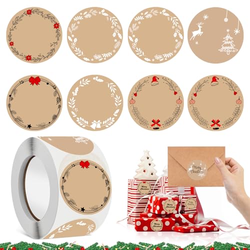 Aufkleber Weihnachten, 500 Stück weihnachtsaufkleber selbstklebend, Kraftpapier Weihnachtsaufkleber, weihnachtsaufkleber zum beschriften, für Backen Geschenktüten Briefumschlag (A) von JWDMHSJ