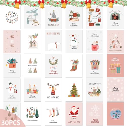 Weihnachtskarten mit Umschlag Set, 30 Stück A6 weihnachtskarten set, Klappkarten Weihnachtsgrußkarten, christmas cards, verschiedene Designs, für die Familie Schönsten Weihnachtsgrüße von JWDMHSJ