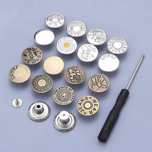 20 Sets Jeansknöpfe Ersatz 17mm und 20mm Metall No-Sew Abnehmbare Knöpfe Reparatur Kit mit Gewinde Nieten Schraubendreher Aufbewahrungsbox von JWDWYX